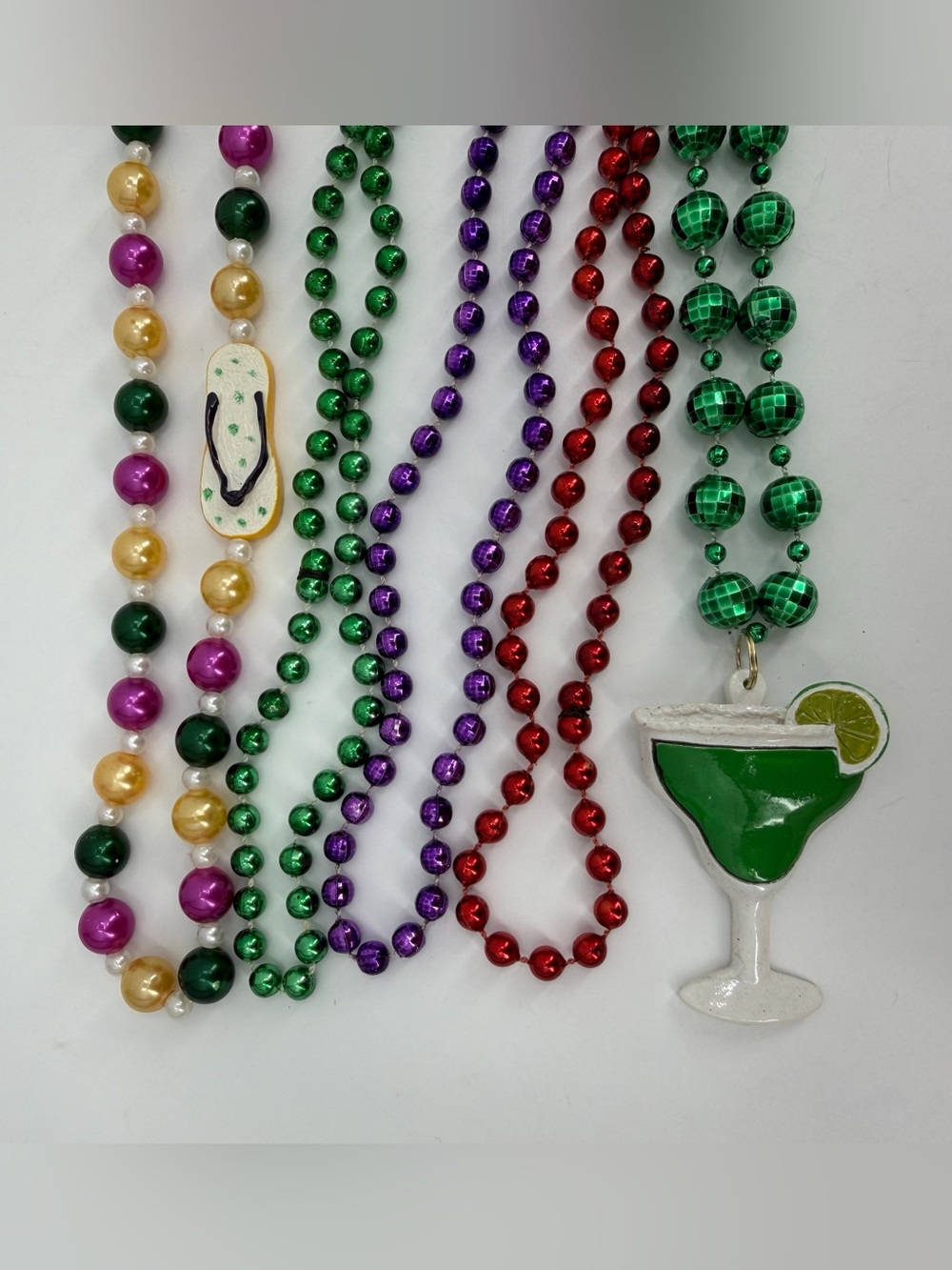 Mardi Gras Beads Necklaces Lot of 5 Purple Green Gold Red Charms Party Costume